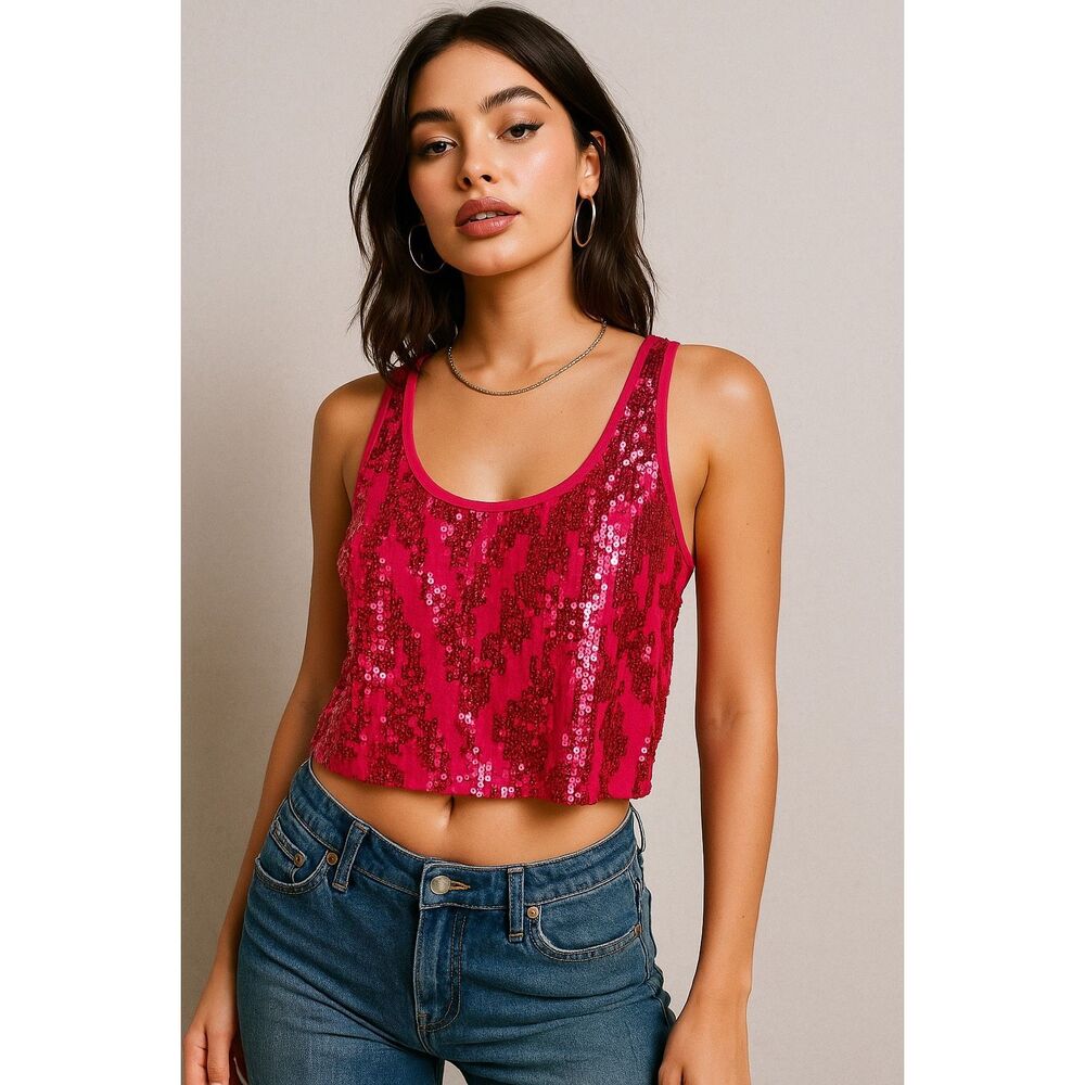 New VTG Nollie Womens Y2K Sequin Cropped Tank Size‎ M Pink NYE Festive Bright - Picture 2 of 16
